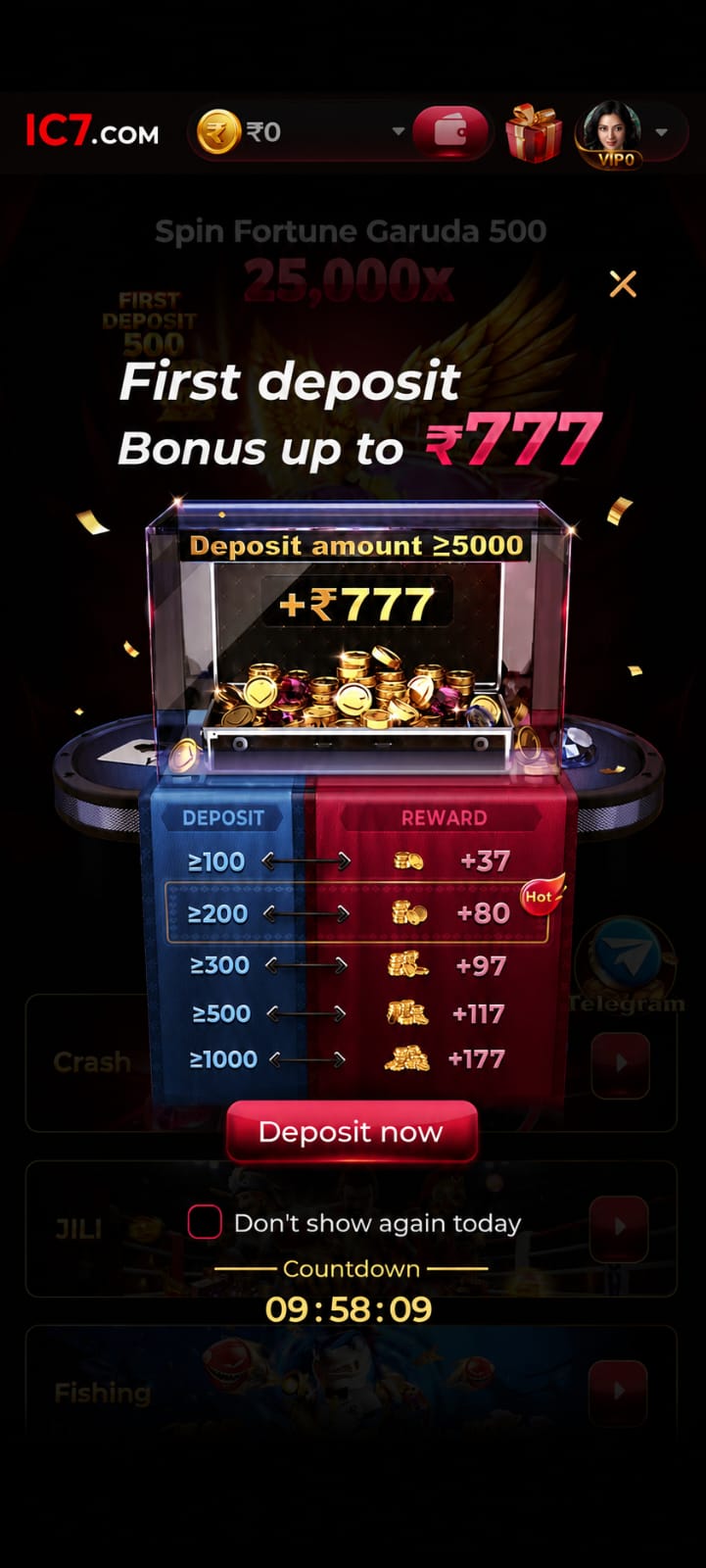 IC7 Game first deposit bonus banner offering up to ₹777 reward for new players.